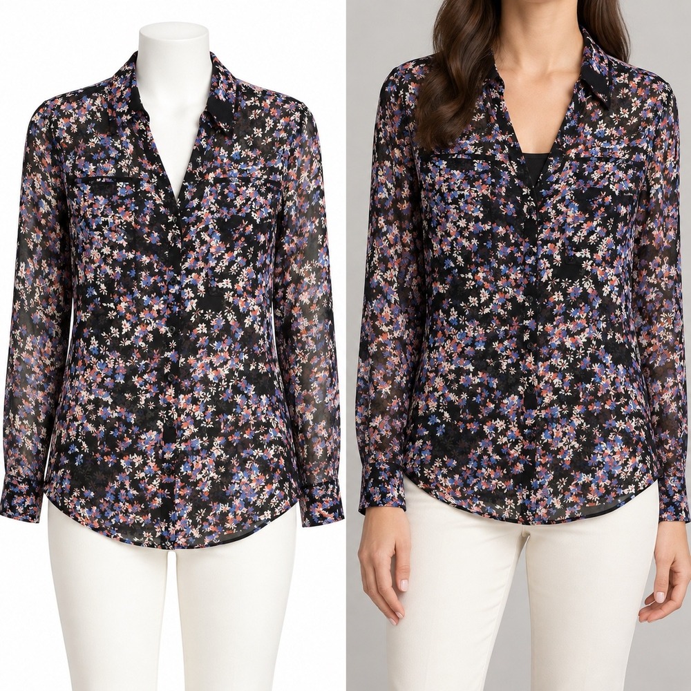 Express The Portofino Shirt Small S Floral Blouse Long Sleeve Black Blue‎ Pink